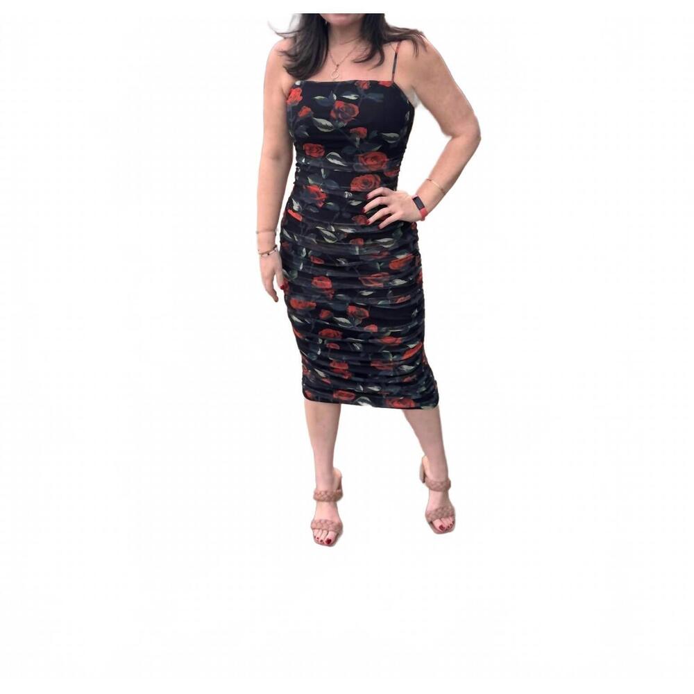 NEW LA MIEL mesh floral with ruching & zip back midi dress in black